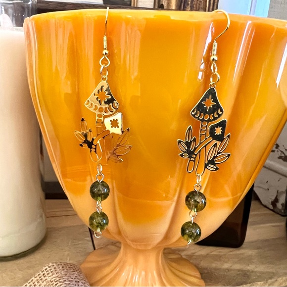 New! Whimsical Mushroom And Green Beads Boho Earrings 🍄 - Picture 4 of 5
